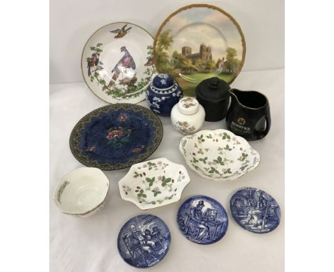 A box of assorted vintage ceramics. To include Wedgwood "Wild Strawberry" and "Kutani Crane", a black basalt lidded pot, Roya