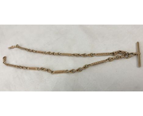 A vintage 9ct gold Albert watch chain with T bar. 50cm (19¾ in) long. Approx. 34.8g. 