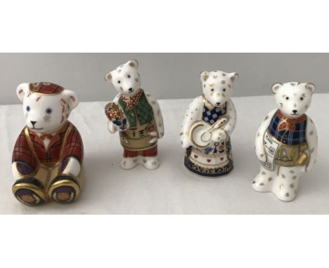 4 Royal Crown Derby ceramic Teddy Bear figurines. Comprising; Sottish Teddy - Fraser (with silver stopper) and  cook, gardene