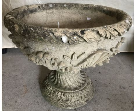 A circular concrete garden planter on pedestal base.  54cm diameter, and 45cm tall.