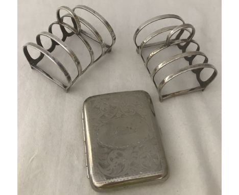 2 vintage silver plated toast racks together with cigarette case. Toast racks marked MOD. 