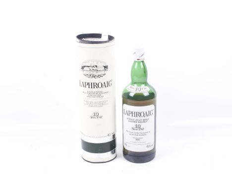 A bottle of Laphroaig 10 years old single islay malt scotch whisky. Boxed, 1.14l, 43% vol, noting fill level below shoulder b