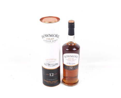 A bottle of Bowmore Islay single malt scotch whiskey. Aged 12 years old, 1ltr, 40% vol, boxed