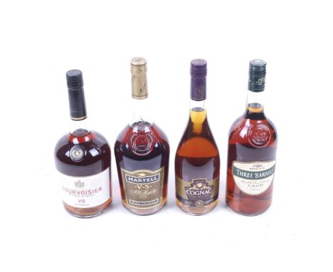 Four bottles of brandy. Comprising a bottle of Raynal & Cie Three Barrels, 1ltr 38% vol, a bottle of Sainsburys Cognac, 70cl,