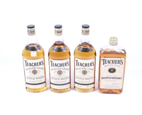 Four bottles of Teachers Highland Cream scotch whisky. Three 70cl, 40% vol, one 1l, 40% vol. 