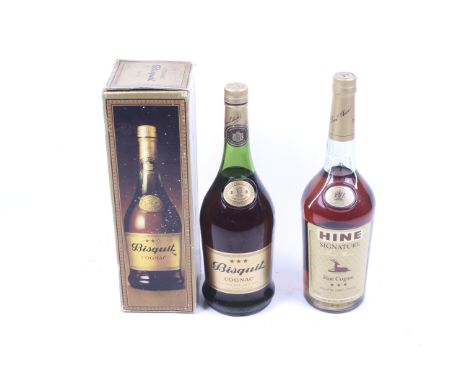 Two bottles of Cognac. Comprising one bottle of Bisquit cognac, boxed, 1l, 40% vol and one bottle of Hine signature cognac, 1