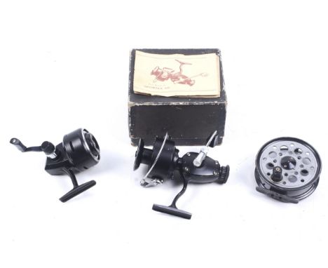 Three vintage fishing reels. Comprising a Pridex 3.3/4" 'Lightweight' reel, a Abu 501 closed face reel and a boxed Sportex 55