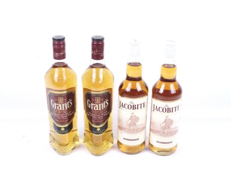 Two bottles of Grants whiskey and two bottles of Jacobite scotch whiskey. All 70cl and 40% vol
