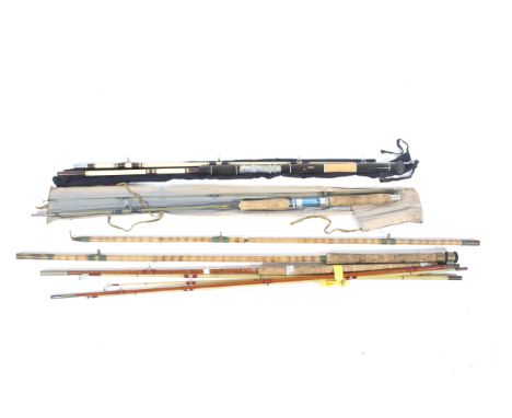 A collection of vintage and modern fishing rods. Including a 2-piece Mordex, and others, some complete with bags