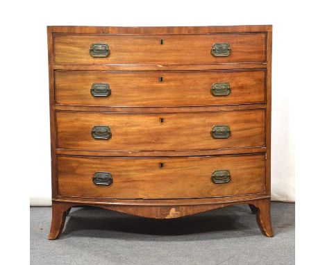 George III mahogany bowfront chest of drawers,four long graduating drawers, splayed bracket feet, width 92cm, depth 53cm, hei