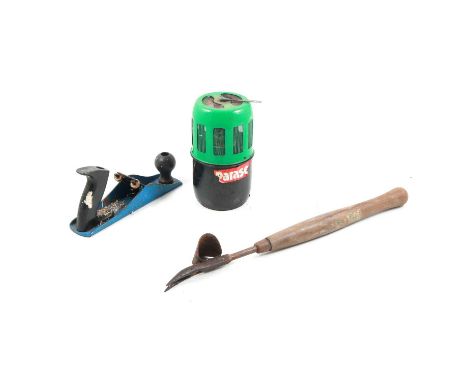A collection of tools, to include clamps; drill bits; saw; chisels; planes; chimney sweeping poles; soldering iron set; paraf
