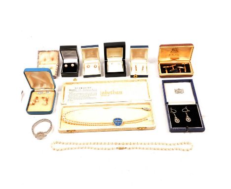 A cultured pearl necklace, cultured and simulated pearl earrings, earscrews, cufflinks, wristwatch, a cultured pearl necklace