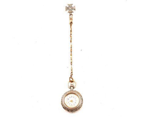 A continental white metal fob watch, the white enamel dial with Arabic numeral chapter ring and painted floral border and cen