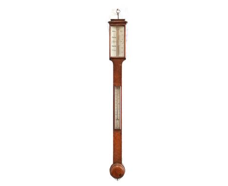 Victorian pollard oak stick barometer, moulded top, ivory chart signed Davis, Leeds, turned cistern cover, 97cm.