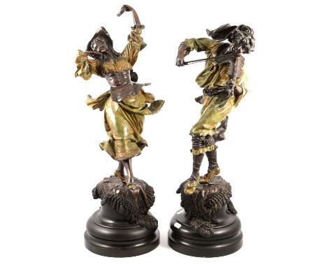 J Ivan, Musicians, a pair, man plaing a violin, lady with a tambourine, patinated bronze, signed and with Madrid Foundry stam