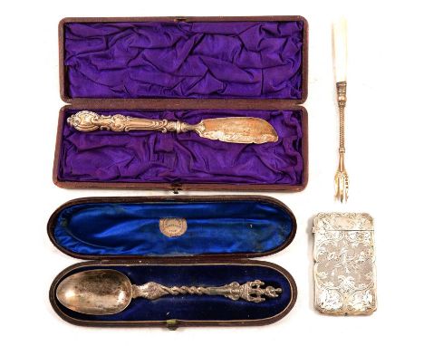 Victorian silver visiting card case, marks worn, 8.5cm, Victorian silver butter knife, cased Victorian Marian spoon, cased, a