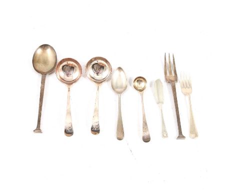 Pair of Edwardian Old English pattern sauce ladles, John Round, Sheffield 1901, engraved crests; a nail-head spoon and fork, 