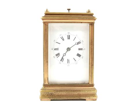 Brass cased carriage clock, gorge case, rectangular enamelled dial, platform escapenemt, repeating movement striking on a bel