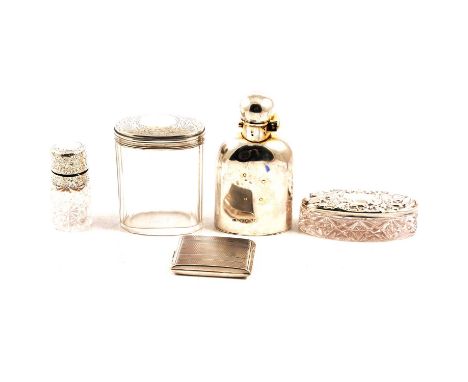 A Victorian silver hip flask,Thomas Johnson, London, push button release cap, 12cm, a glass silver salts bottle with hinged c