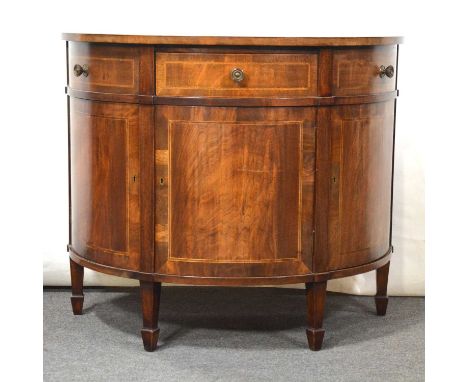 Edwardian mahogany demi-lune commode, boxwood and ebony stringing throughout, the top with cross-banding and central frieze d