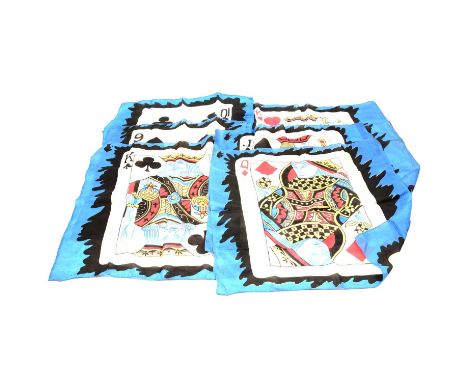 Six silk magician's playing card scarves/handkerchiefs, comprising 9 of clubs, 10 of clubs, Jack of spades, Queen of diamonds