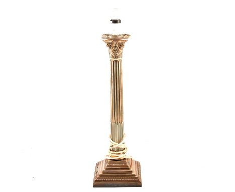 Large Edwardian silver table lamp, Walker &amp; Hall, Sheffield 1908, Corinthian column, fluted shaft, stepped square base wi