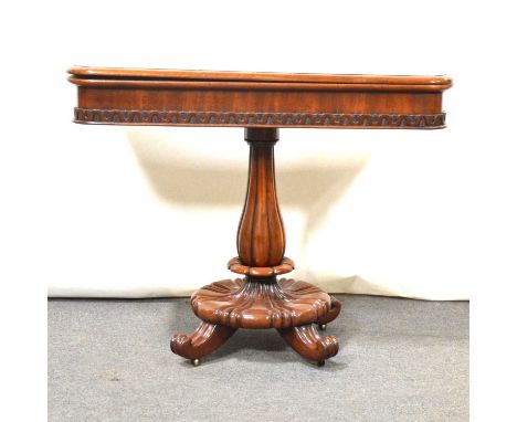 Victorian mahogany card table, rectangular foldover top with baize lined interior, melon fluted column and base, four scrolle