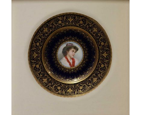 After Adriano Bonifazi four Vienna porcelain mounted plates, each with portrait to centre and matching gilded blue borders, 2