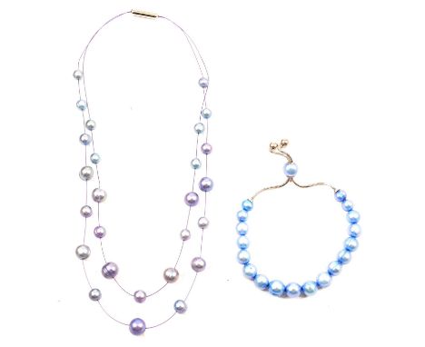 Cultured and simulated pearl necklaces, bracelets, earrings and rings, a cultured pearl rope necklace, each pearl knotted ind