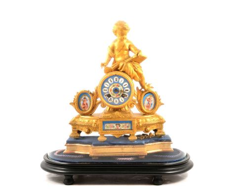 19th Century French gilt spelter mantel clock, figural case, cylinder movement by Japy Freres striking on a bell, on a gilt p