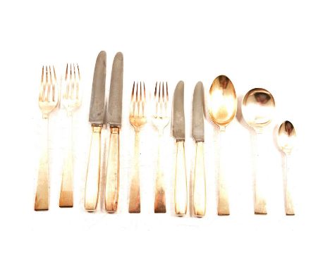 A suite of Romney Plate cutlery, Roberts &amp; Belk; another canteen of plated cutlery, Old English pattern, engraved initial