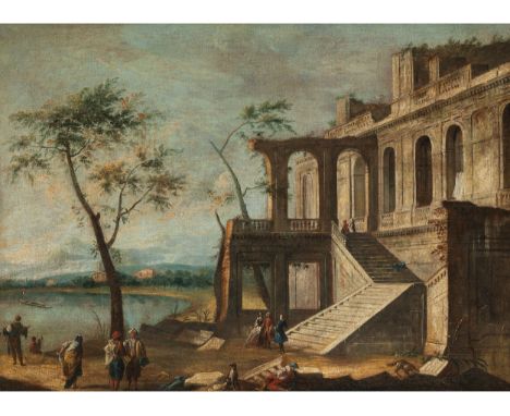 Apollonio Domenichini, tätig um 1740 – 1770, zug.ARCHITEKTUR-CAPRICCIO MIT SEEUFER UND FIGUREN Öl auf Leinwand. 91 x 68 cm.De