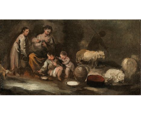 Bartolomé Esteban Murillo, 1618 Sevilla – 1682 ebendaGENRESZENE – HIRTENFAMILIE MIT SCHAFEN Öl auf Leinwand. 20,5 x 37,4 cm. 