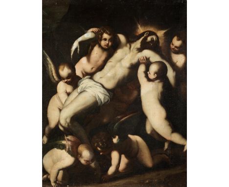 Maler des 17. Jahrhunderts in der Art des Michelangelo Merisi il Caravaggio (1570/71 – 1610)KREUZABNAHME MIT ENGELN Öl auf Le