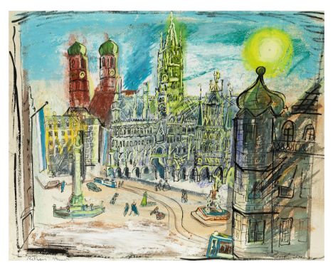 Ludwig Bemelmans, 1898 Meran – 1962 New York CityDAS RATHAUS IN MÜNCHEN Mixed Media mit Gouache/ Tinte auf Papier 58,5 x 74 c