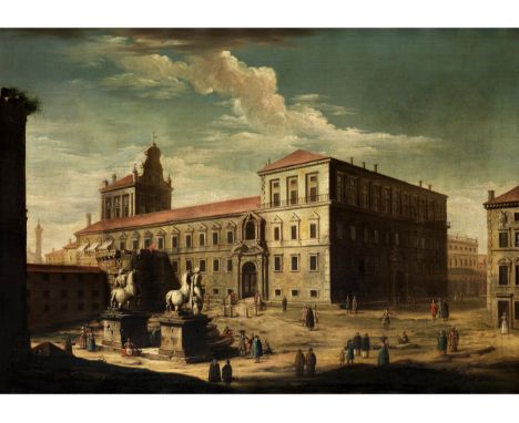 Jacopo Fabris, 1689 Venedig – 1761 KopenhagenVedute DES QUIRINATI PALASTESÖl auf Leinwand.88 x 118 cm.Schwarzgold gefasster p