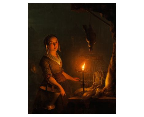Petrus van Schendel, 1806 Terheijden/ Brabant – 1870 BrüsselDIENSTMÄDCHEN AN EINEM GEFLÜGELSTAND Öl auf Holz. 39,5 x 32,7 cm.