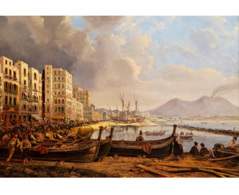 Pieter van Loon,1801 – 1873DIE MARINELLA-KÜSTE IN NAPOLI Öl auf Leinwand. 61 x 93 cm. Auf einem am Boden liegenden Ruder beze