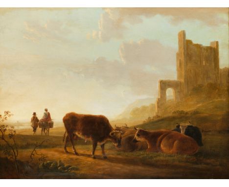 Jacob van Strij, 1756 Dordrecht – 1815 ebenda, zug.LANDSCHAFT MIT RUINE, KÜHEN UND REISENDEN Öl auf Holz. 38,4 x 49,3 cm. In 