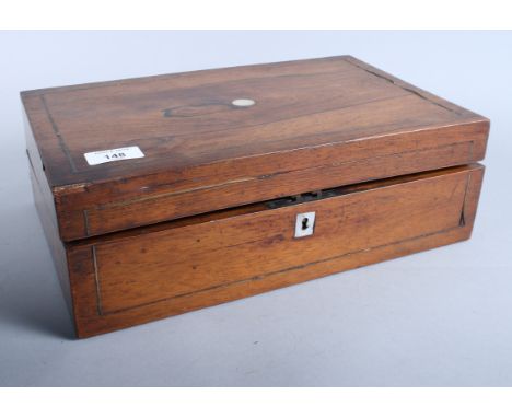 A 19th century rosewood table writing box inlaid white metal stringing and mother-of-pearl, 14" wide