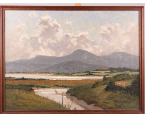 Norman Wilkinson: oil on canvas, mountainous river scene with heron standing, signed, 19" x 25 1/2", in oak frame