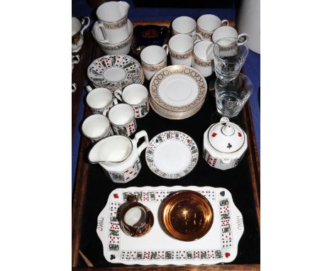A Wedgwood "Marguerite" part coffee service, a Queens part teaset, decorated playing cards, and other decorative items