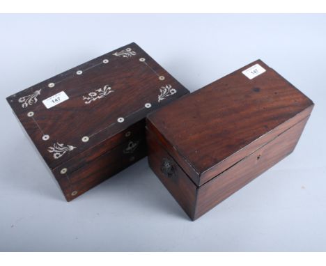 A 19th century mahogany two compartment tea caddy and a 19th century rosewood and mother-of-pearl inlaid workbox