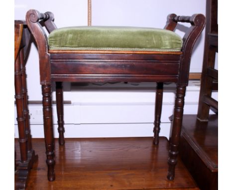 A mahogany box seat piano stool, upholstered in a green velvet, 22" wide