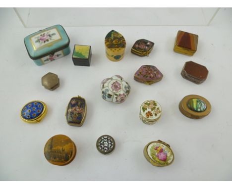 A MISCELLANY OF BASE METAL CLOISONNE AND OTHER PATCH AND PILL BOXES including one French porcelain (17 in total) 