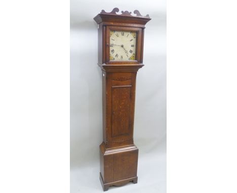 **** **HEAD A 19TH CENTURY OAK 30-HOUR LONGCASE CLOCK, the hood with later pediment and inlay waist door and box base on brac