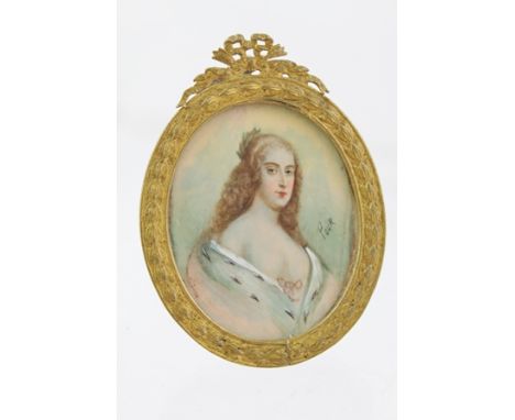 POUR A miniature portrait study, half length, of a lady with long hair wrapped in ermine, Watercolour on ivory, signed, in ov