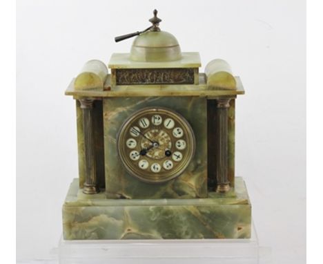 A LATE 19TH CENTURY FRENCH GREEN ALABASTER MANTEL CLOCK, having pagoda style case with brass pilasters, 8-day Japy type mecha