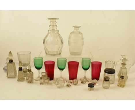 A QUANTITY OF GLASS including a Georgian triple ring decanter, three cranberry glass goblets, a 19th century stemmed wine, an