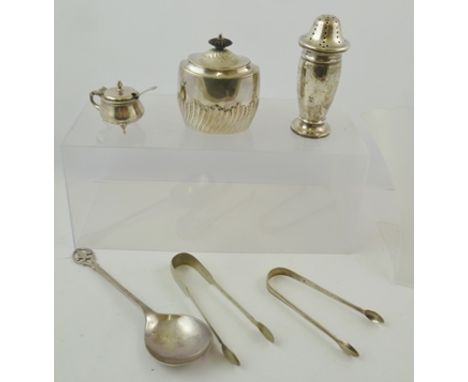 A SELECTION OF SILVER ITEMS to include; a silver tea caddy, sugar caster, mustard and pair of Georgian tongs, mixed assays, a